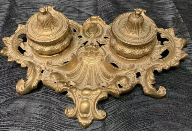 Vtg Beautiful Antique Heavy Brass Inkwell Art Nouveau Ornate Hinged Lids