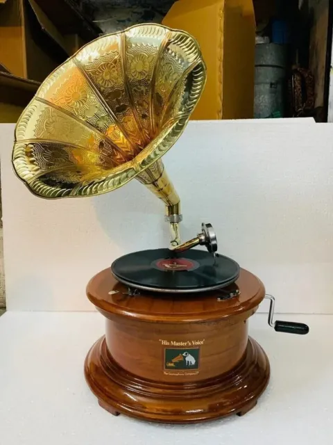 Grabadora de vinilo de gramófono HMV de colección reproductor de trabajo fonógrafo aspecto cuerda