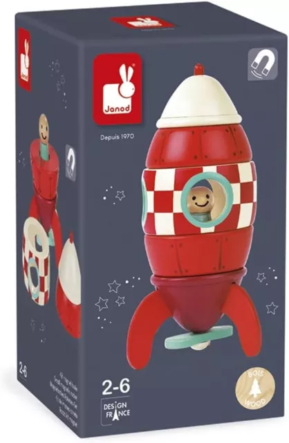 Janod My First Wooden Small Magnetic Rocket 16Cm 2-6 Years Brand New In Box 3