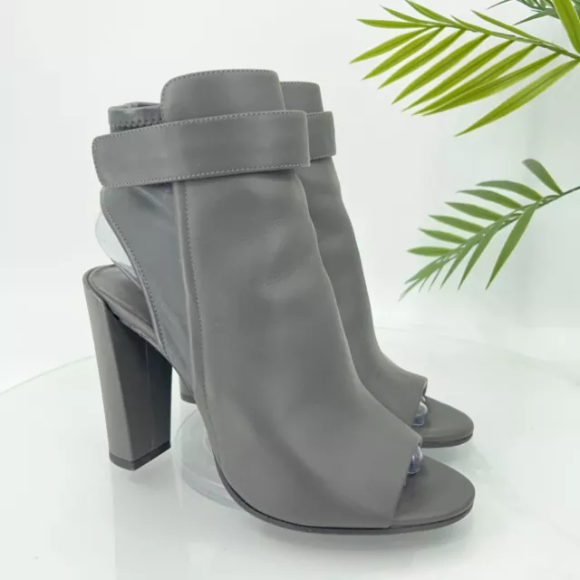 Vince Brigham Peep Toe Booties Size 7 Gray Leather Strap Wrap Zip High Heels