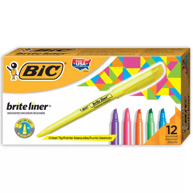 BIC Brite Forro Resaltadores Rotuladores,Colores Surtidos,Cincel Tip, 12-Count