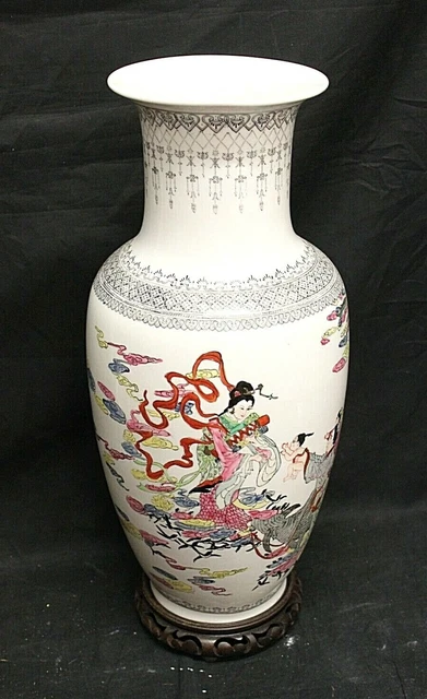 Viejo E Grande Florero Chino en Cerámica Con Base Madera - Figura Geisha China