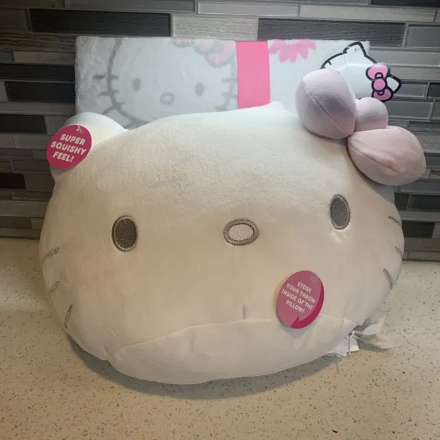 Juego de mantas de felpa y lanzamiento de almohada de almacenamiento súper blanda blanca y rosa Hello Kitty