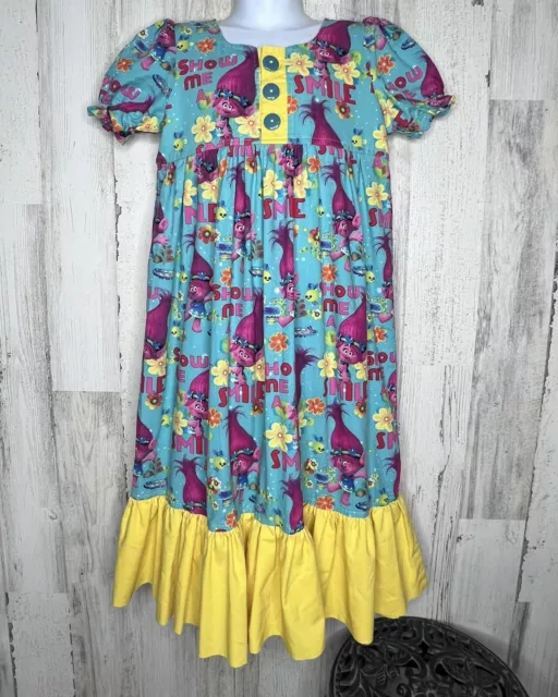 Girls Trolls Poppy Handmade Boutique Dress 5/6/7 excellent LN Yellow Ruffle Teal