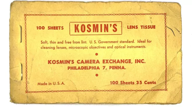 VINTAGE LENS TISSUE CLEANING PAPER KOSMIN'S CAMERA EXCHANGE Phila PA c. 60's