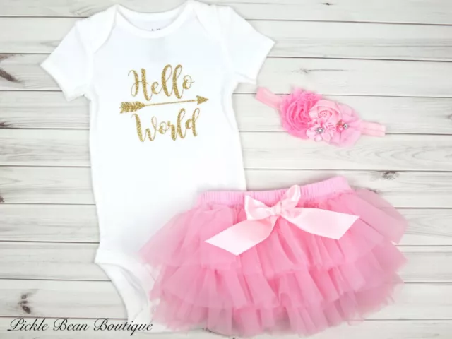 Hello World Newborn Outfit, Pink Gold, Baby Girl Coming Home Outfit, Shower Gift