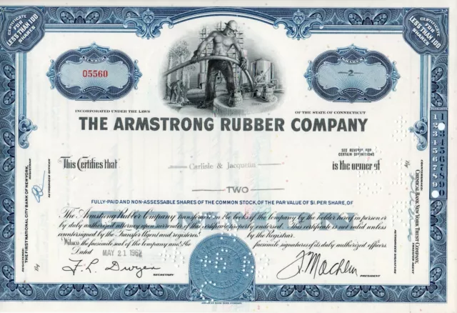 The Armstrong Rubber Company Stock Certificate Less Than 100 Shares Blue