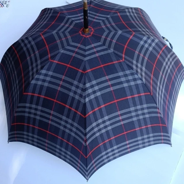 Burberry Rare Blue Vintage Blue Plaid Cotton Parasol Walking Umbrella w/ Tassel