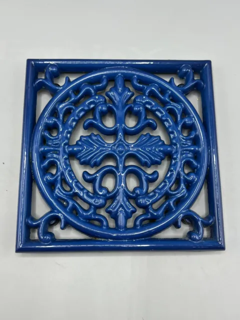 Vntg Blue Square Footed Trivet Enameled Cast Iron Rustic Hot Pot Plate  7.5”