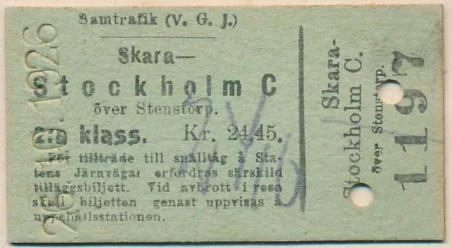SWEDEN Railway ticket 2nd cl Skara - Stockholm C 1926 VGJ QYB1122