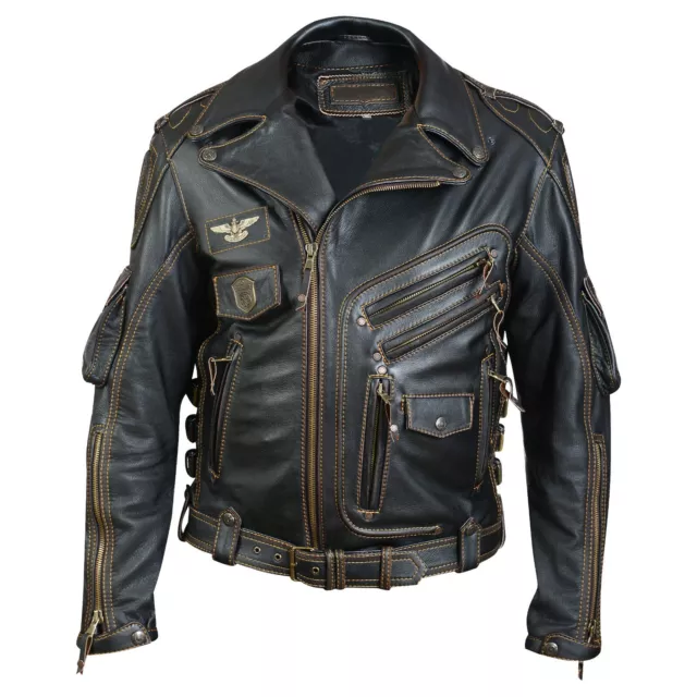 Men's Genuine Cowhide Premium Leather Motorcycle Biker Leather Jacket Black