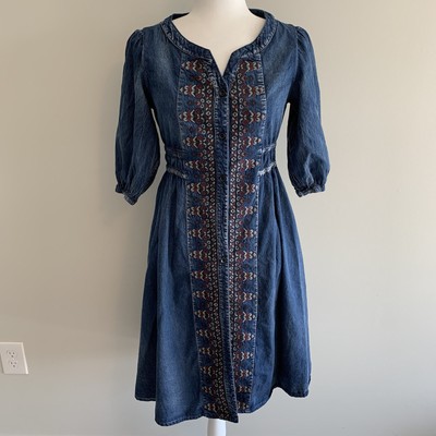 Vicky and Lucas Embroidered Denim Chambray Peasant Button Up Midi Dress Size XS