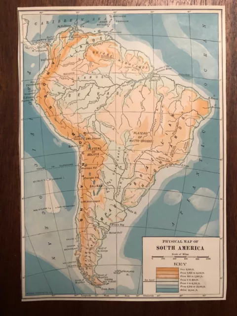 Vintage Color Physical Map of SOUTH AMERICA Print Plate 5.75" x 8" Unframed