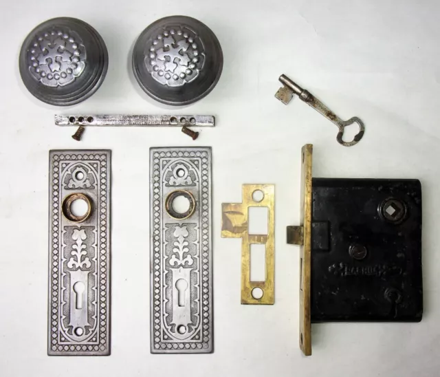 Antique Door Set Victorian / Eastlake Backplate Knob Mortise Lock Key Reclaimed