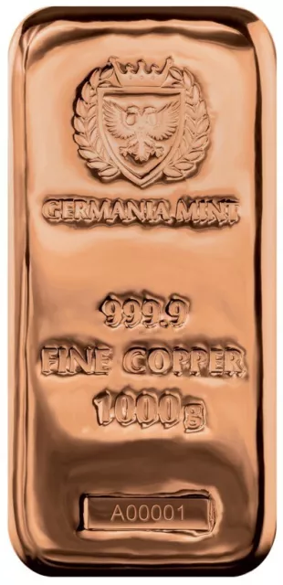 Kupferbarren Germania Mint 1  kg / 1000 Gramm 999,9  Gussbarren Kupfer