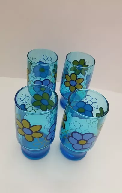 Vintage Set 4 Libby Blue Retro Flower Power Power Drinking Glasses Tumbler B