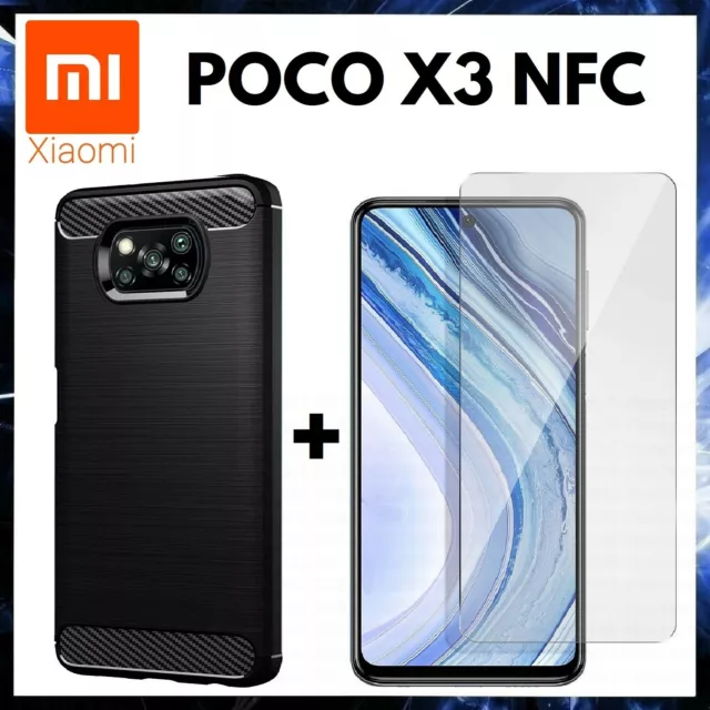 Pour Xiaomi Pocophone Poco X3 NFC Coque Noire Carbon +Film Verre Trempé