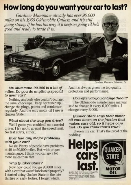 1978 Vintage Print Ad Quaker State Motor Oil 1966 Oldsmobile Cutlass How long do