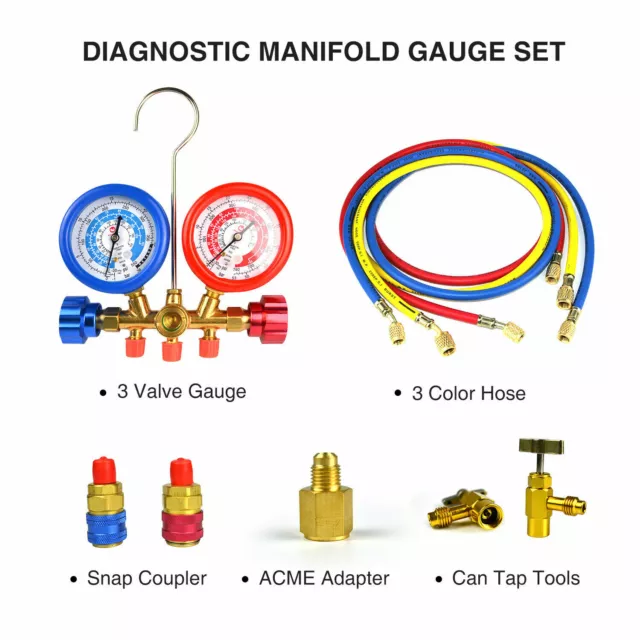 FAVORCOOL CT-536G AC Manifold Gauge Set, R410A, R134A, R22 Refrigerants Charge 3