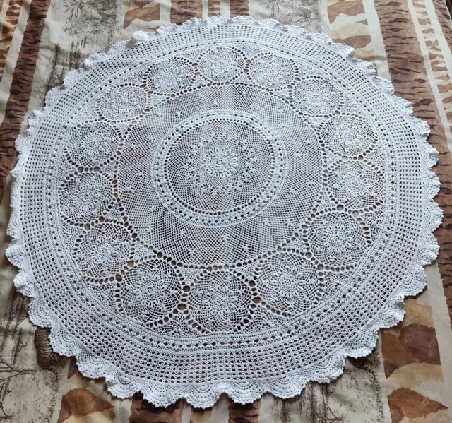 Nappe Ronde Ancienne En Coton Crochet Main - 210 Cm + 8 Serviettes - Vintage Blanc