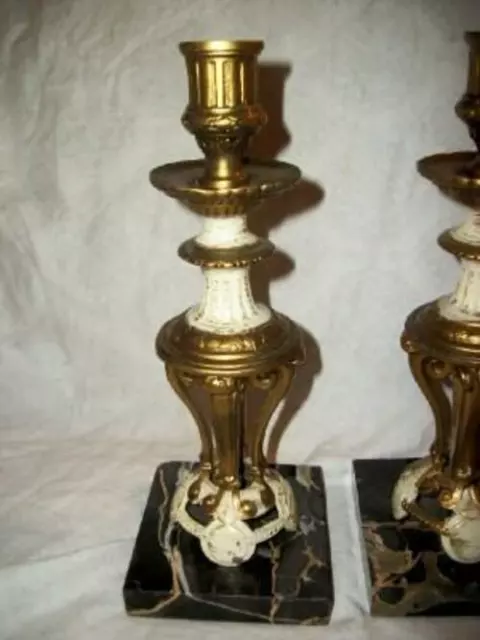 FRENCH DIRECTOIRE CANDLE HOLDERS NEO CLASSICAL METAL BLACK MARBLE 1930s 2