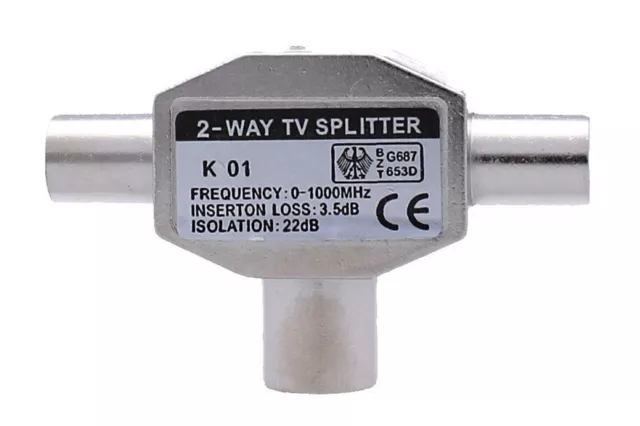 TV Antennen Verteiler 2 Fach Adapter KOAX Kupplung - 2x Stecker TV IEC T Stück