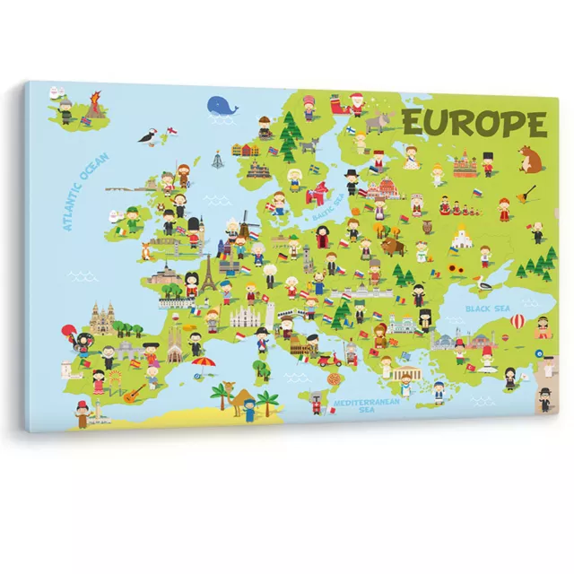 EUROPE MAP SCHOOL Kids Learning Nationalities Canvas Wall Art Picture