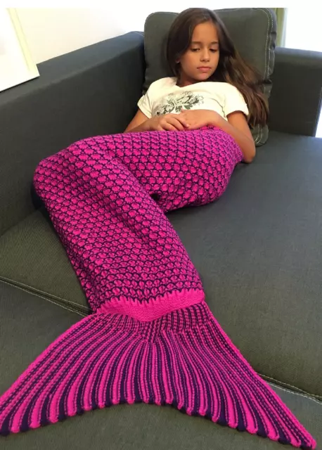 Girls pink purple knit crochet mermaid tail blanket throw kids sleeping bag