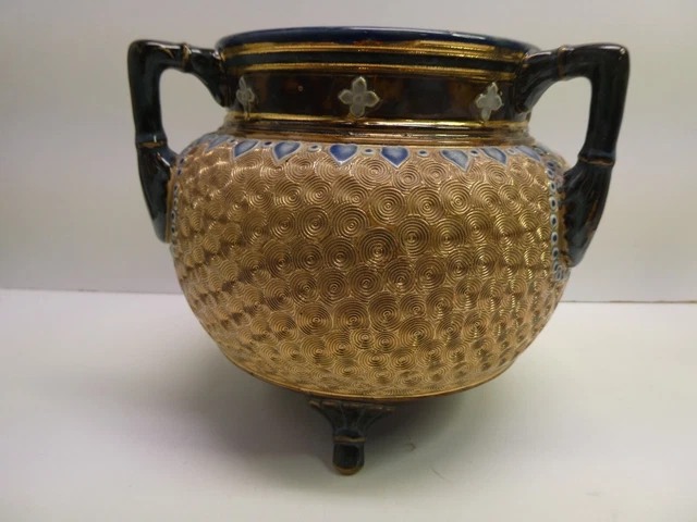 Doulton Lambeth Majolica Gold Glaze Pottery Tripod Base 3 Handle Vase Urn Pot