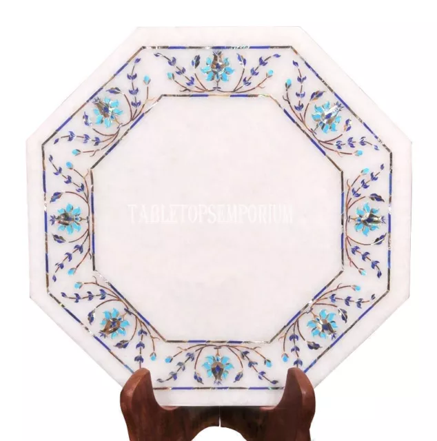 12" White Marble Side Table Top Rare Turquoise Marquetry Inlay Mosaic Home Decor