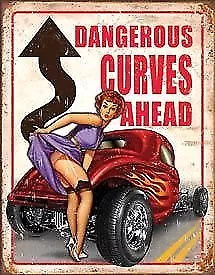 Dangerous Curves Ahead Tin Sign New Garage Shed  Ford Hotrod Ratrod Rustic