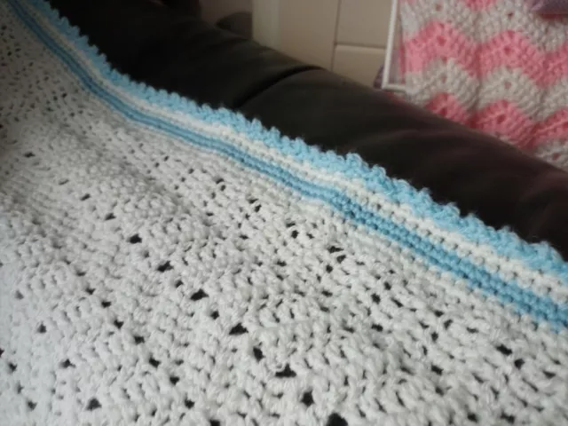 Beautiful Hand Crochet White Zig Zag Design Baby Shawl With Blue Trim Edging And 2