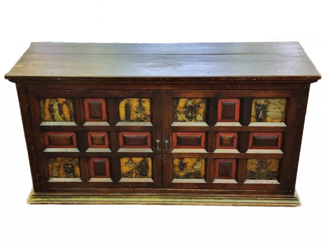 ANTIQUE 19c SPANISH COLONIAL SIDEBOARD POLYCHROME CATHOLIC RELIGIOUS SCENE PANEL