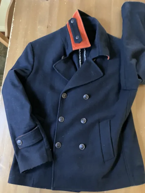 Asfalto Wool MADE IN ITALY S/M Pea Coat Double Breast Velvet Collar Trench- Navy