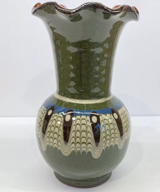Vtg Troyan Art Drip Glaze Pottery 5" Vase Bulgaria Green Black Blue White Ruffle