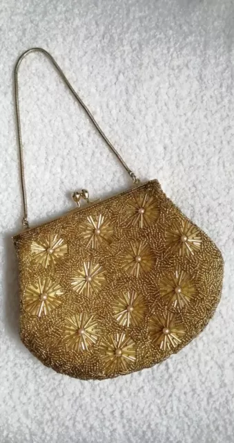 Vintage Golden Beaded Evening Bag, Floral Pattern, Made In Hong-Kong