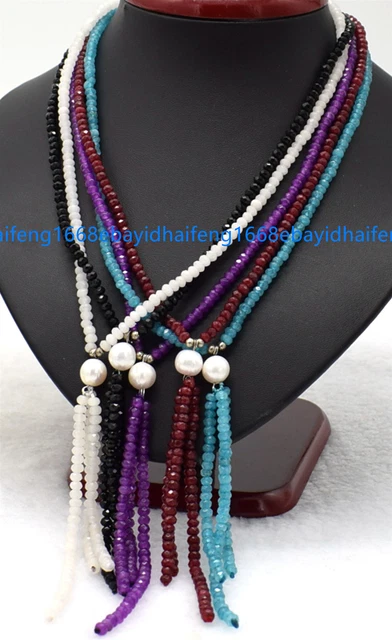 Facettiert 2x4mm Mehrfarbig Edelstein & Weiß Perle Anhänger Halskette 18''
