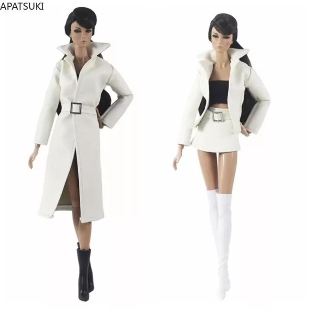 White Fashion Leather Clothes Set For Barbie Doll Long Coat Jacket Top Boots