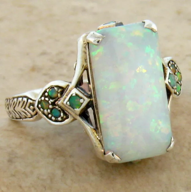 925 Sterling Silver Victorian Style Lab-Created White Opal Ring             #462