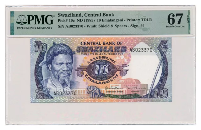 SWAZILAND banknote 10 Emalangeni 1985 PMG grade MS 67 EPQ Superb Gem Unc