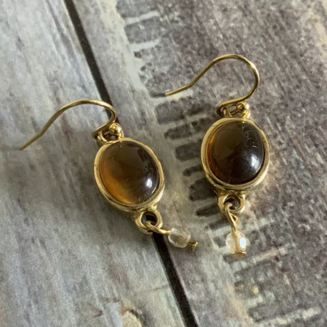 Cute brown cats eye cabochon dangle earrings in gold tone metal