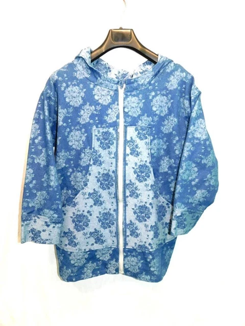 Alaska Eskimo Kuspuk L Blue Floral Stretch Denim Jacket Full Zip Pockets Hood Lg