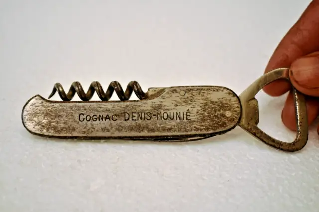 Vintage Denis-Mounié Cognac Advertising Corkscrew Bottle Opener Multitool Rare"1