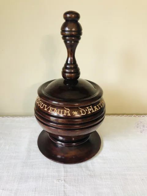 Vintage Hand Turned Wood Carved Lidded Bowl Haiti Souvenir Offering Vessel