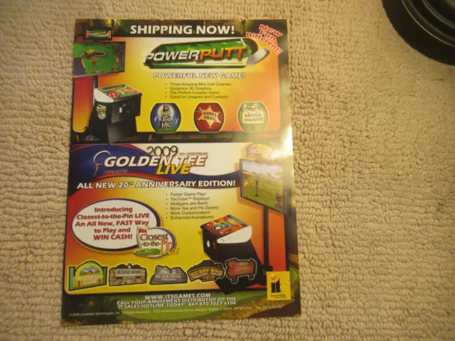 odd size 11- 8.5''  POWER PUTT GOLDEN TEE LIVE 2009    arcade video game flyer