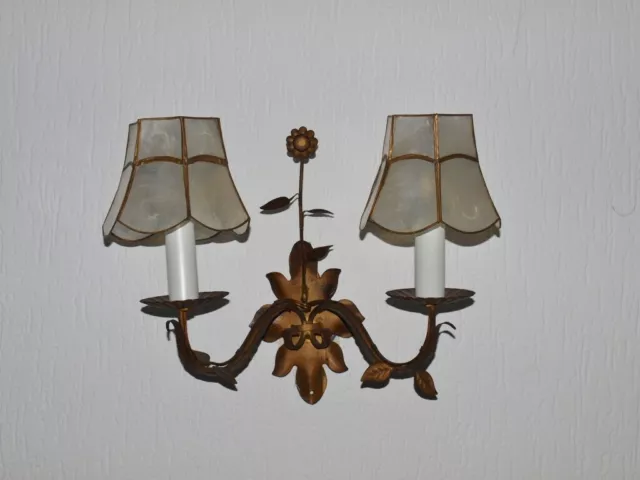 Wandlampe 2-armig, Wandleuchte Florentiner Stil, Klemmschirme, Blätter, Kupfer