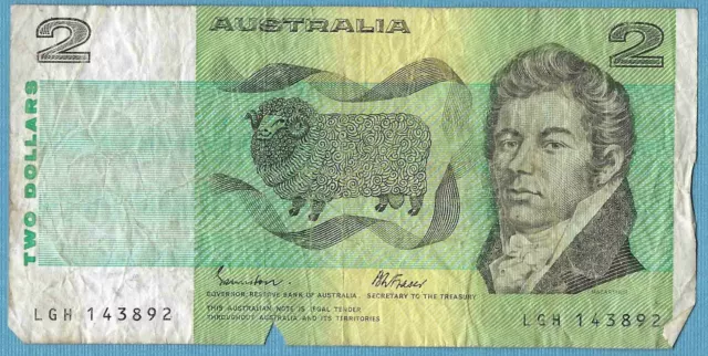 Australian 1985 $2 Two Dollars Johnston Fraser Note LGH143892