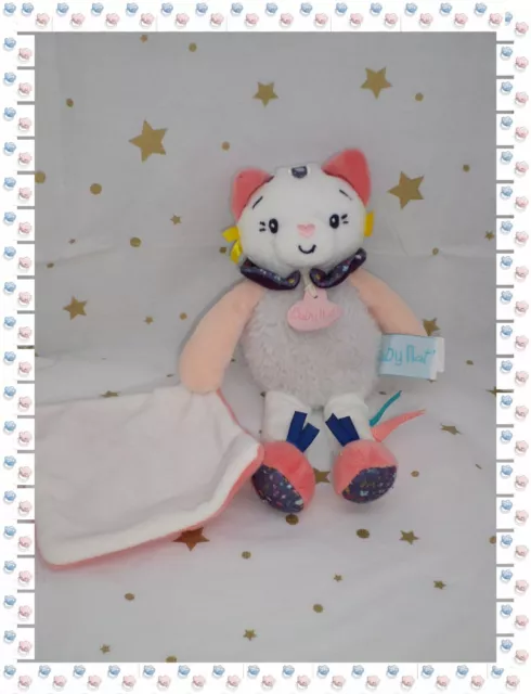 ⑭ - Doudou Peluche Chat Pollen Rose Blanc Gris .. Mouchoir Rubans Baby Nat