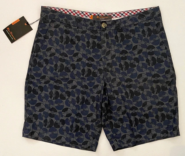 NEW Ben Sherman Flat Front Cotton Shorts Mens 31 Vinyl Record Album Pattern 32x9