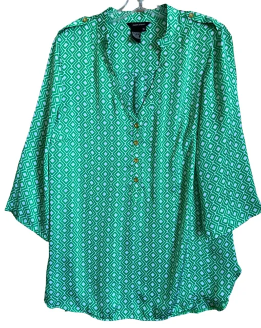 Jules & Leopold Blouse Green White Geometric Buttons Roll Tab Sleeve Womens 1X